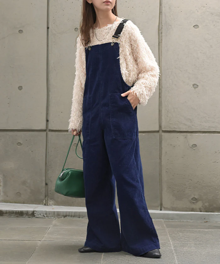 サロペット 綿100 コーデュロイ ロング レディース サロペ パンツ ロングパンツ ノースリーブ ワイド ストレート オーバーオール レイヤード 重ね着 調節可能 ゆったり きれいめ オーバーサイズ 大きいサイズ 体型カバー ブルー ネイビー 秋 冬 HUG.U - Image 27