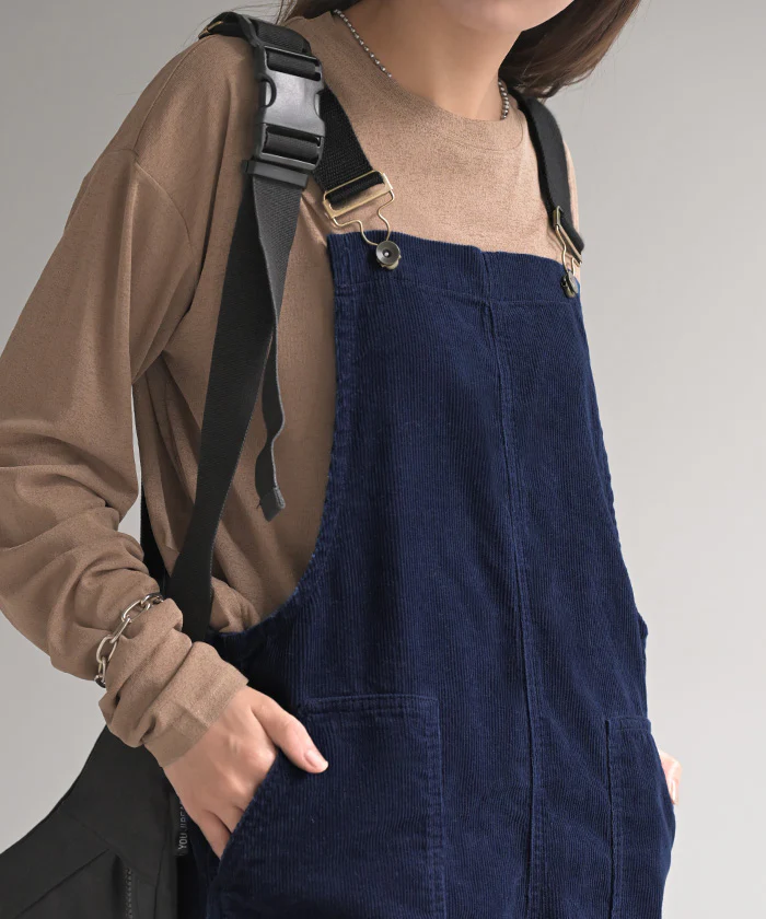 サロペット 綿100 コーデュロイ ロング レディース サロペ パンツ ロングパンツ ノースリーブ ワイド ストレート オーバーオール レイヤード 重ね着 調節可能 ゆったり きれいめ オーバーサイズ 大きいサイズ 体型カバー ブルー ネイビー 秋 冬 HUG.U - Image 4