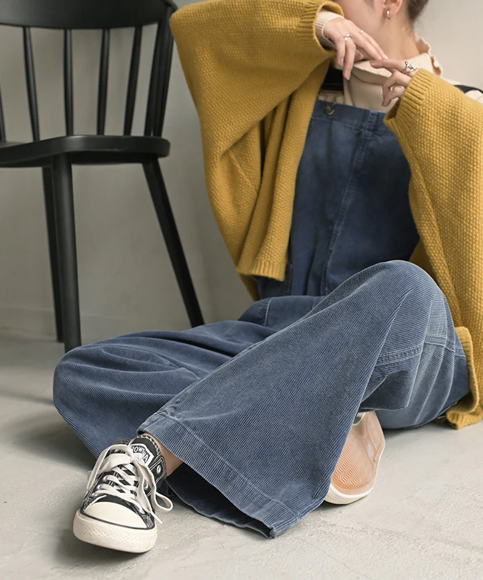 サロペット 綿100 コーデュロイ ロング レディース サロペ パンツ ロングパンツ ノースリーブ ワイド ストレート オーバーオール レイヤード 重ね着 調節可能 ゆったり きれいめ オーバーサイズ 大きいサイズ 体型カバー ブルー ネイビー 秋 冬 HUG.U - Image 8