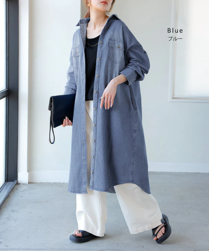 ワンピース シャツ デニム シャツワンピ レディース デニムワンピ シャツワンピース レイヤード 長袖 ロング ロングワンピース Aライン ワンピ ロングシャツ ロングワンピ 羽織 カジュアル 綿100 体型カバー 青 ネイビー HUG.U - Image 10