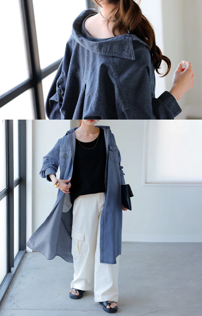 ワンピース シャツ デニム シャツワンピ レディース デニムワンピ シャツワンピース レイヤード 長袖 ロング ロングワンピース Aライン ワンピ ロングシャツ ロングワンピ 羽織 カジュアル 綿100 体型カバー 青 ネイビー HUG.U - Image 18