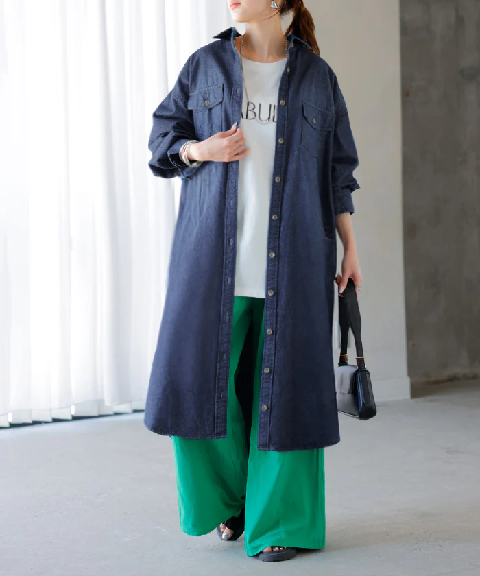 ワンピース シャツ デニム シャツワンピ レディース デニムワンピ シャツワンピース レイヤード 長袖 ロング ロングワンピース Aライン ワンピ ロングシャツ ロングワンピ 羽織 カジュアル 綿100 体型カバー 青 ネイビー HUG.U - Image 27