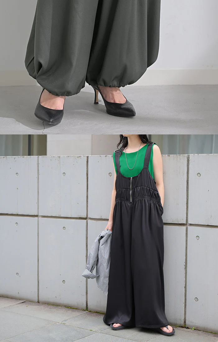 サロペット シャーリング レディース サロペ ワイド パンツ ロング ロングパンツ ノースリーブ オーバー オーバーオール レイヤード 重ね着 肩紐 調節可能 ゆったり オーバーサイズ 大きいサイズ 体型カバー 黒 グレー 秋 冬 HUG.U - Image 15