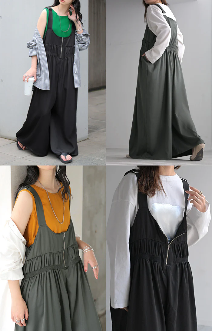 サロペット シャーリング レディース サロペ ワイド パンツ ロング ロングパンツ ノースリーブ オーバー オーバーオール レイヤード 重ね着 肩紐 調節可能 ゆったり オーバーサイズ 大きいサイズ 体型カバー 黒 グレー 秋 冬 HUG.U - Image 19