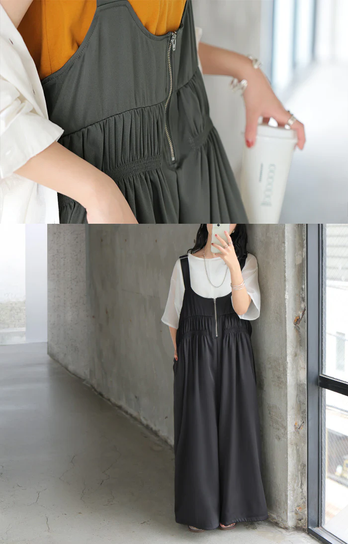 サロペット シャーリング レディース サロペ ワイド パンツ ロング ロングパンツ ノースリーブ オーバー オーバーオール レイヤード 重ね着 肩紐 調節可能 ゆったり オーバーサイズ 大きいサイズ 体型カバー 黒 グレー 秋 冬 HUG.U - Image 3