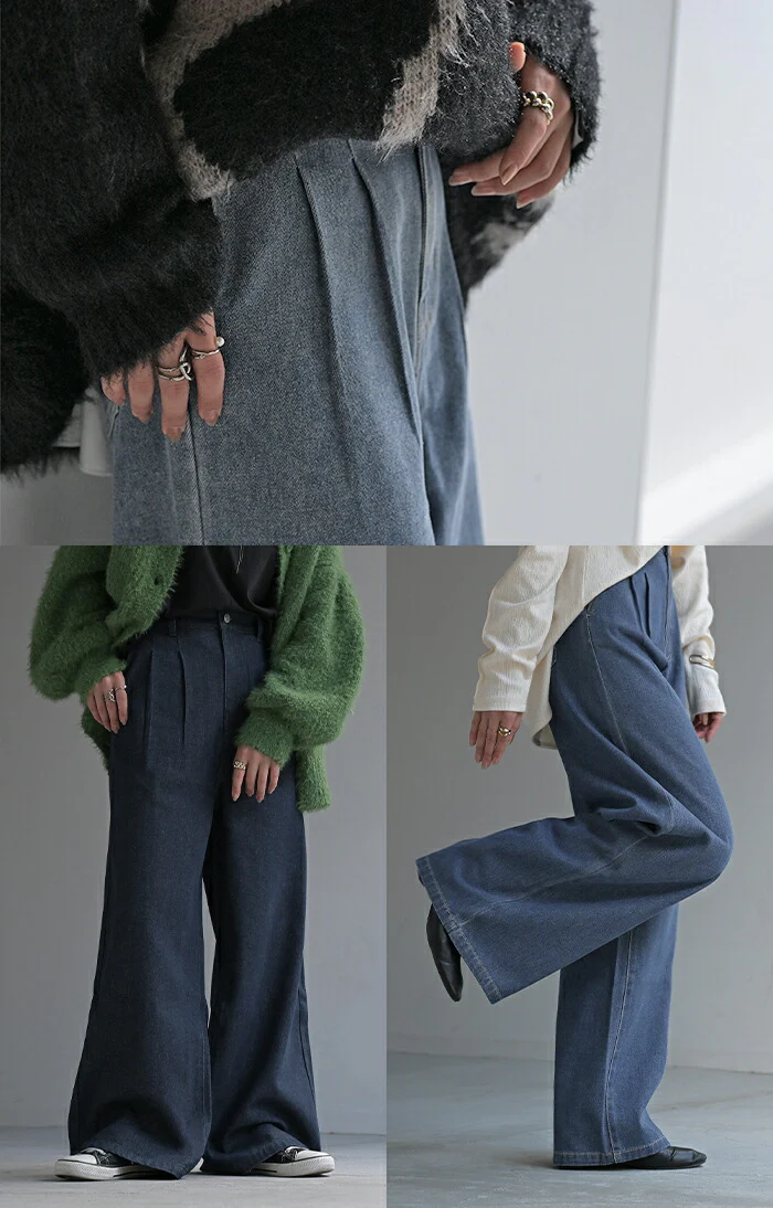 デニム タック パンツ デニムパンツ レディース ワイドパンツ ワイド ジーンズ ジーパン タックパンツ 体型カバー ボトムス ボトム ストレート ズボン ゆったり ハイウエスト ゴム 美脚 大きいサイズ おしゃれ ブルー 秋 冬 HUG.U - Image 15