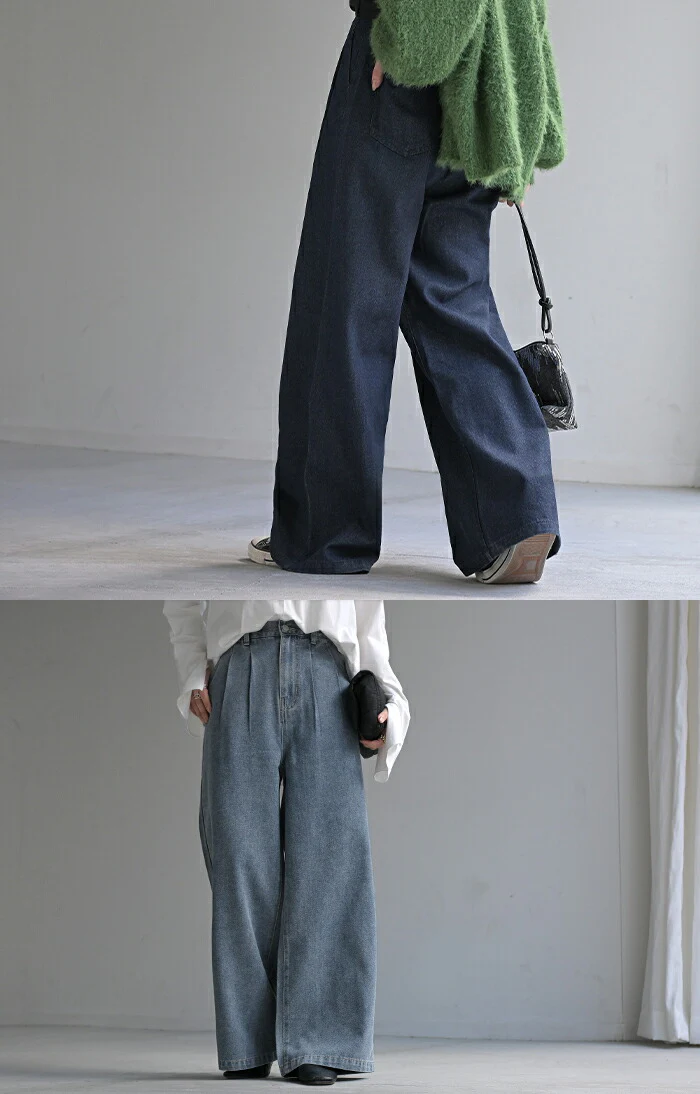 デニム タック パンツ デニムパンツ レディース ワイドパンツ ワイド ジーンズ ジーパン タックパンツ 体型カバー ボトムス ボトム ストレート ズボン ゆったり ハイウエスト ゴム 美脚 大きいサイズ おしゃれ ブルー 秋 冬 HUG.U - Image 18