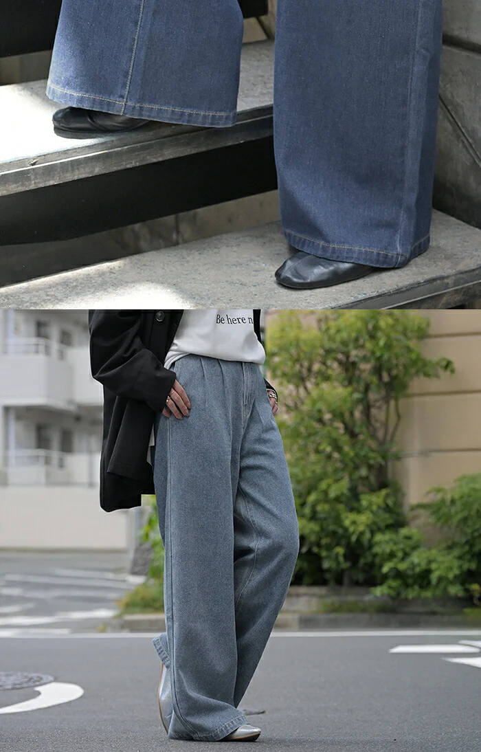 デニム タック パンツ デニムパンツ レディース ワイドパンツ ワイド ジーンズ ジーパン タックパンツ 体型カバー ボトムス ボトム ストレート ズボン ゆったり ハイウエスト ゴム 美脚 大きいサイズ おしゃれ ブルー 秋 冬 HUG.U - Image 20
