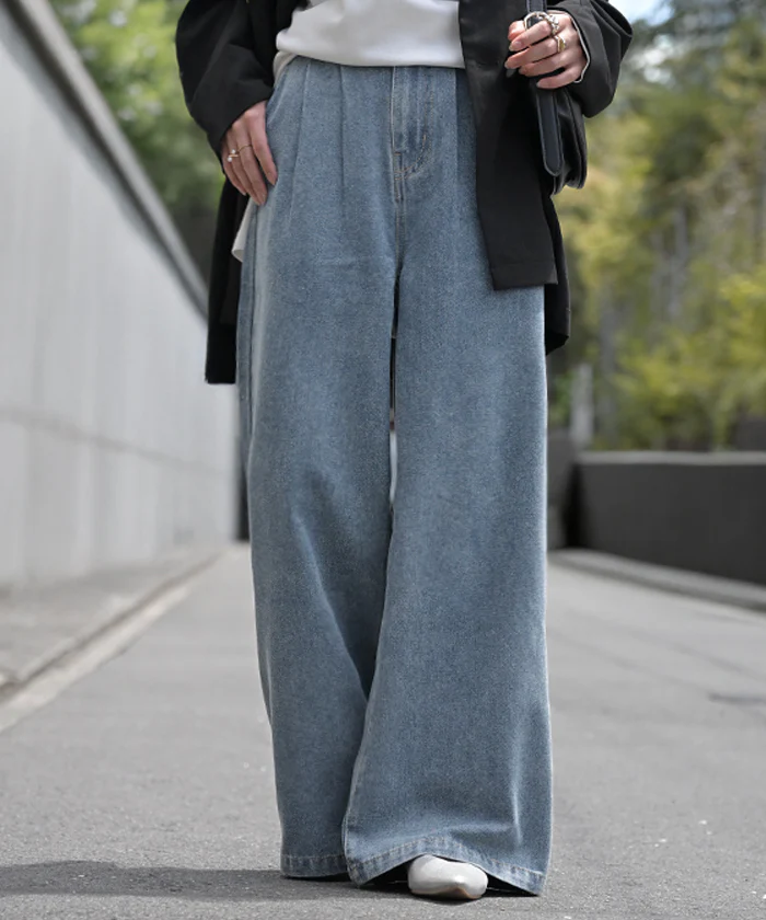 デニム タック パンツ デニムパンツ レディース ワイドパンツ ワイド ジーンズ ジーパン タックパンツ 体型カバー ボトムス ボトム ストレート ズボン ゆったり ハイウエスト ゴム 美脚 大きいサイズ おしゃれ ブルー 秋 冬 HUG.U - Image 26