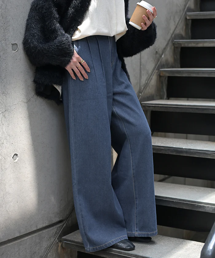デニム タック パンツ デニムパンツ レディース ワイドパンツ ワイド ジーンズ ジーパン タックパンツ 体型カバー ボトムス ボトム ストレート ズボン ゆったり ハイウエスト ゴム 美脚 大きいサイズ おしゃれ ブルー 秋 冬 HUG.U - Image 27