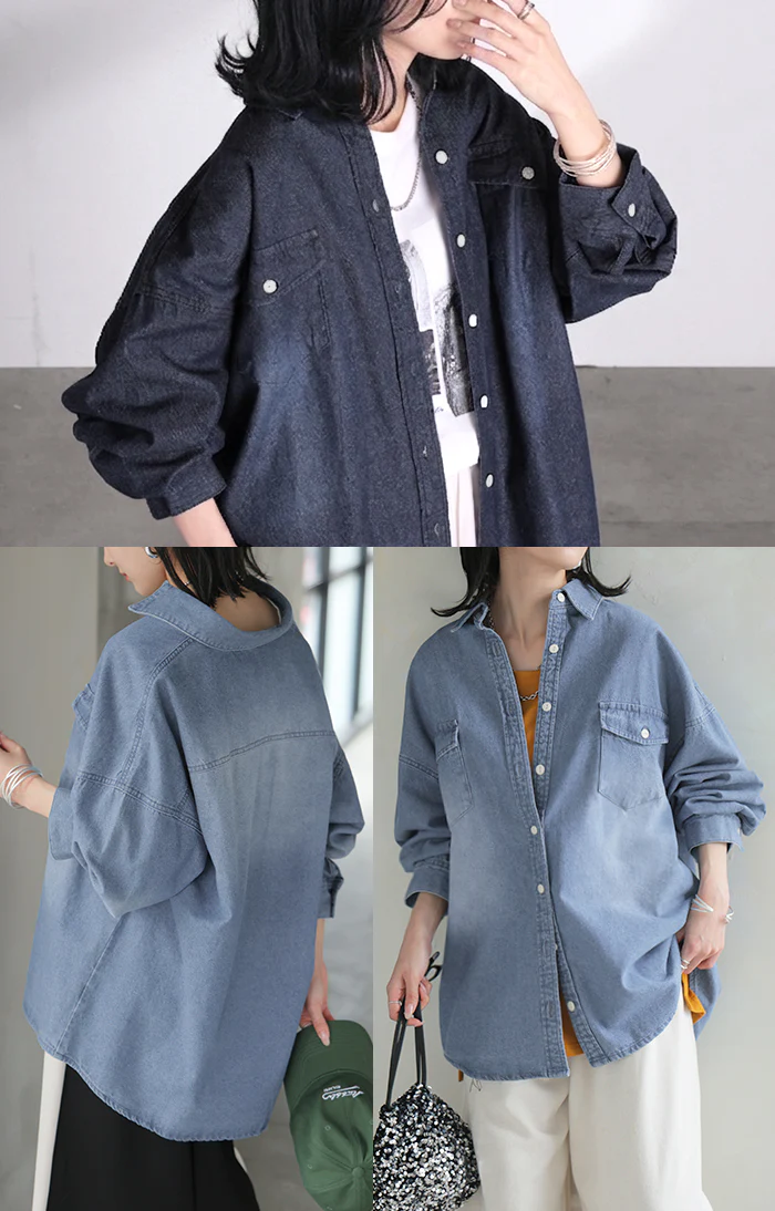 シャツ デニム デニムシャツ レディース 綿100% トップス ロング チュニック 長袖 無地 羽織 ダメージ Gジャン ジャケット ライトアウター ゆったり オーバーサイズ 大きいサイズ 体型カバー お尻が隠れる ブルー ネイビー 秋 冬 HUG.U - Image 8