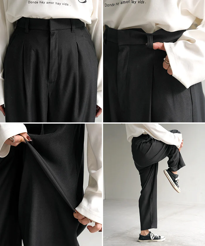 パンツ 裏起毛 コクーン レディース ワイド ワイドパンツ ロング ロングパンツ テーパードパンツ スラックス 微起毛 タック 体型カバー ボトムス ゆったり ハイウエスト ウエストゴム オフィスカジュアル ストレッチ 大きいサイズ 黒 グレー 秋 冬 HUG.U - Image 23