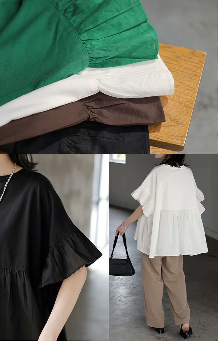 2026SS新作 ブラウス フリル 綿100 トップス ロング シャツ Tシャツ チュニック ティーシャツ 異素材 切替 フリル袖 フレア カットソー ギャザー 軽い Uネック ジャージー コットン 半袖 無地 ゆったり 体型カバー 二の腕カバー お尻隠れる きれいめ 黒 白 春 夏 HUG.U - Image 19