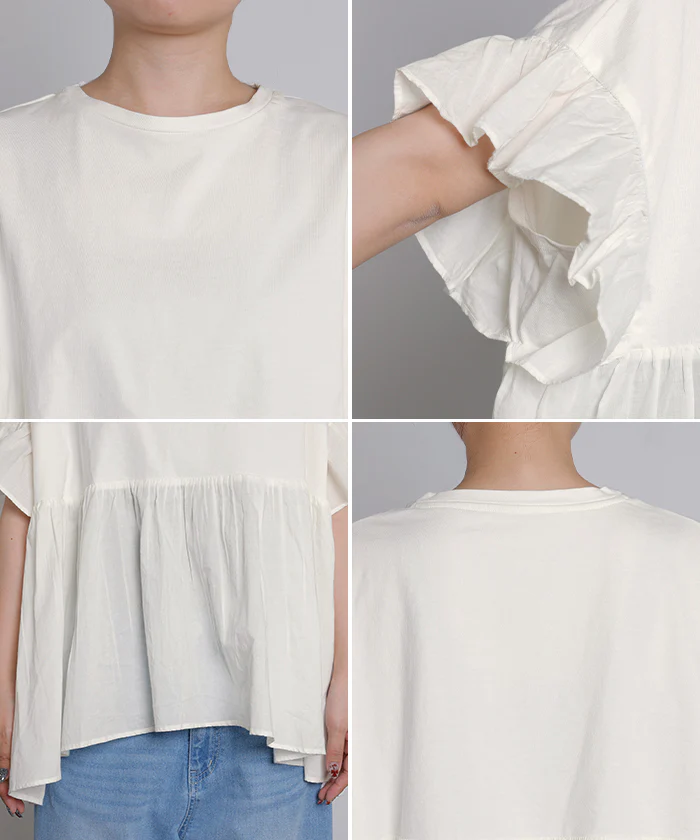 2026SS新作 ブラウス フリル 綿100 トップス ロング シャツ Tシャツ チュニック ティーシャツ 異素材 切替 フリル袖 フレア カットソー ギャザー 軽い Uネック ジャージー コットン 半袖 無地 ゆったり 体型カバー 二の腕カバー お尻隠れる きれいめ 黒 白 春 夏 HUG.U - Image 22