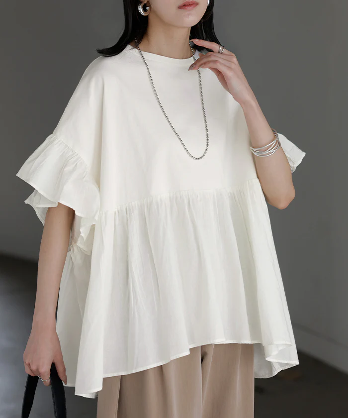 2026SS新作 ブラウス フリル 綿100 トップス ロング シャツ Tシャツ チュニック ティーシャツ 異素材 切替 フリル袖 フレア カットソー ギャザー 軽い Uネック ジャージー コットン 半袖 無地 ゆったり 体型カバー 二の腕カバー お尻隠れる きれいめ 黒 白 春 夏 HUG.U - Image 29