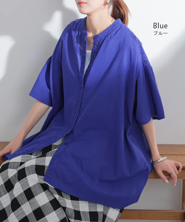 2026SS新作 ブラウス インド綿 100% レース レディース トップス ロング チュニック シャツ ロングシャツ Tシャツ カットソー 刺繍 花柄 フラワー コットン 綿 ギャザー フレア 透け感 半袖 無地 軽い 薄め 羽織 体型カバー お尻が隠れる 黒 ブラック 春 夏 HUG.U - Image 13