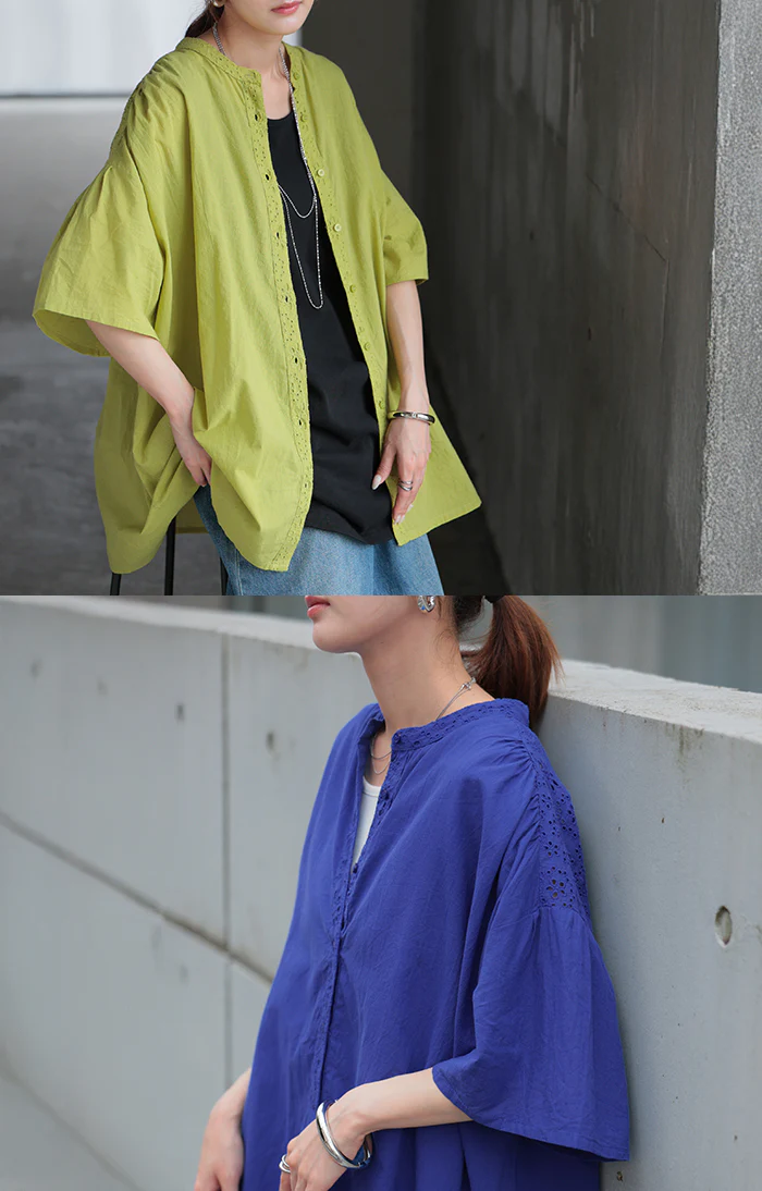 2026SS新作 ブラウス インド綿 100% レース レディース トップス ロング チュニック シャツ ロングシャツ Tシャツ カットソー 刺繍 花柄 フラワー コットン 綿 ギャザー フレア 透け感 半袖 無地 軽い 薄め 羽織 体型カバー お尻が隠れる 黒 ブラック 春 夏 HUG.U - Image 17