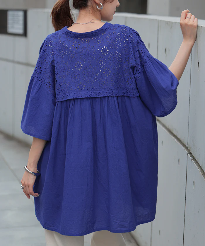 2026SS新作 ブラウス インド綿 100% レース レディース トップス ロング チュニック シャツ ロングシャツ Tシャツ カットソー 刺繍 花柄 フラワー コットン 綿 ギャザー フレア 透け感 半袖 無地 軽い 薄め 羽織 体型カバー お尻が隠れる 黒 ブラック 春 夏 HUG.U - Image 5