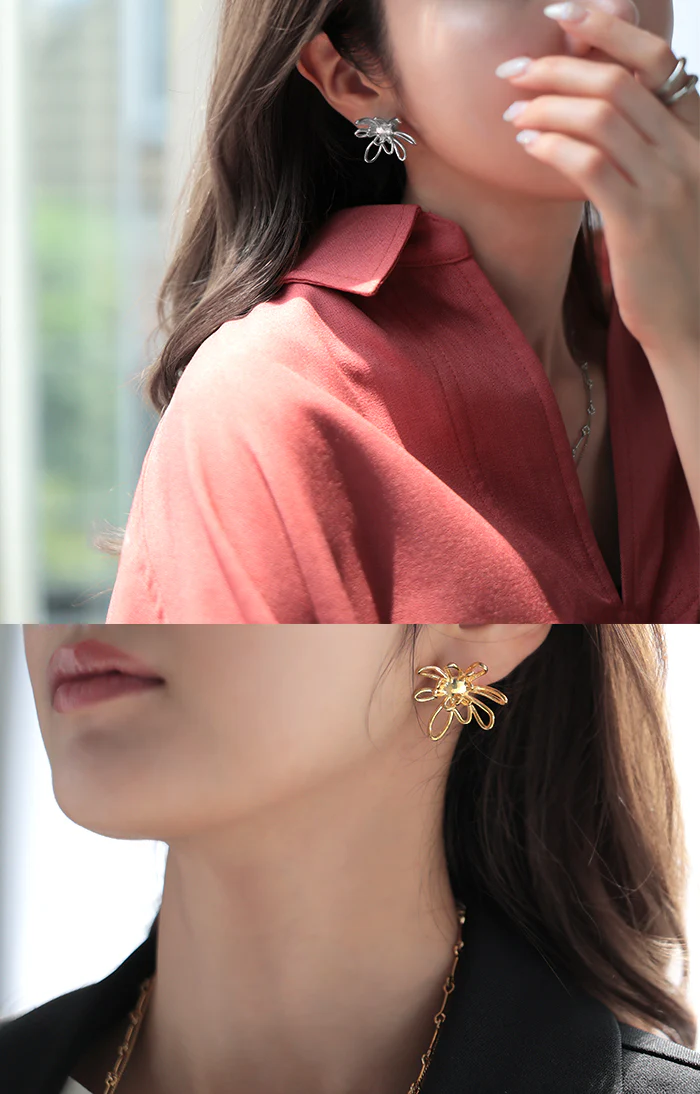 2026SS新作 ピアス 花 モチーフ デザイン アクセサリー レディース アクセ 大ぶり 大きめ 花びら フラワー ぷっくり おしゃれ きれいめ ニュアンス シルバーアクセサリー シルバーアクセ 人気 両耳用 変形 大人 パーティー 女性 ゴールド シルバー 合金 春 夏 HUG.U メール便 - Image 6