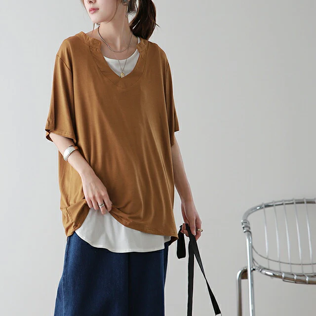 Tシャツ 「とろみ感。」 カットソー スキッパー トップス レディース スキッパーT 半袖 大きいサイズ ゆる ストレッチ ドロップショルダー 無地 ティーシャツ 首元広め オーバーサイズ ビッグ プラスサイズ 5分袖 白T 白 ホワイト 春 夏 HUG.U メール便 - Image 10