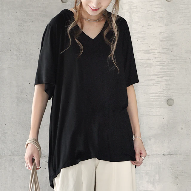 Tシャツ 「とろみ感。」 カットソー スキッパー トップス レディース スキッパーT 半袖 大きいサイズ ゆる ストレッチ ドロップショルダー 無地 ティーシャツ 首元広め オーバーサイズ ビッグ プラスサイズ 5分袖 白T 白 ホワイト 春 夏 HUG.U メール便 - Image 20