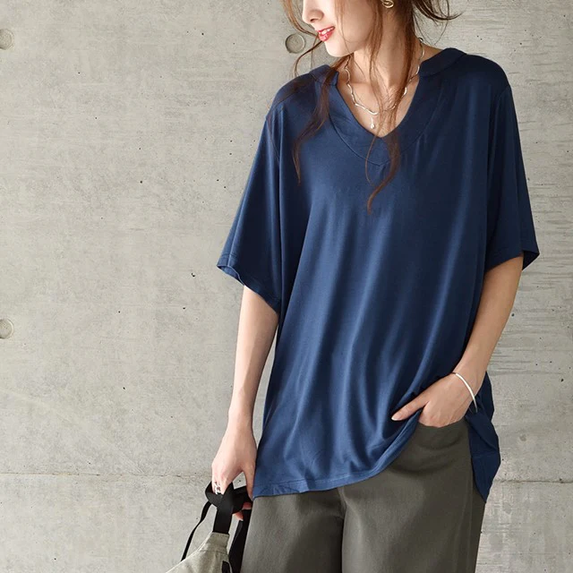 Tシャツ 「とろみ感。」 カットソー スキッパー トップス レディース スキッパーT 半袖 大きいサイズ ゆる ストレッチ ドロップショルダー 無地 ティーシャツ 首元広め オーバーサイズ ビッグ プラスサイズ 5分袖 白T 白 ホワイト 春 夏 HUG.U メール便 - Image 21