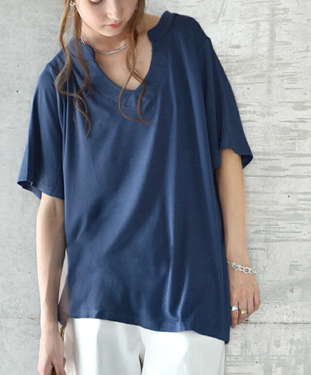 Tシャツ 「とろみ感。」 カットソー スキッパー トップス レディース スキッパーT 半袖 大きいサイズ ゆる ストレッチ ドロップショルダー 無地 ティーシャツ 首元広め オーバーサイズ ビッグ プラスサイズ 5分袖 白T 白 ホワイト 春 夏 HUG.U メール便 - Image 23