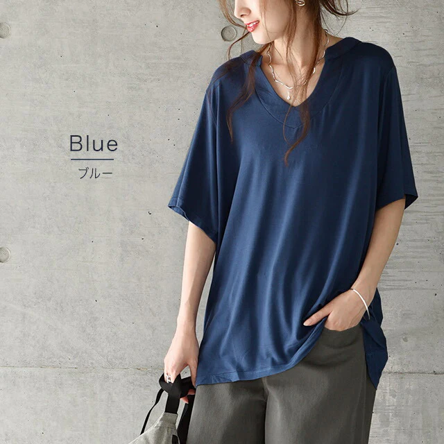 Tシャツ 「とろみ感。」 カットソー スキッパー トップス レディース スキッパーT 半袖 大きいサイズ ゆる ストレッチ ドロップショルダー 無地 ティーシャツ 首元広め オーバーサイズ ビッグ プラスサイズ 5分袖 白T 白 ホワイト 春 夏 HUG.U メール便 - Image 30