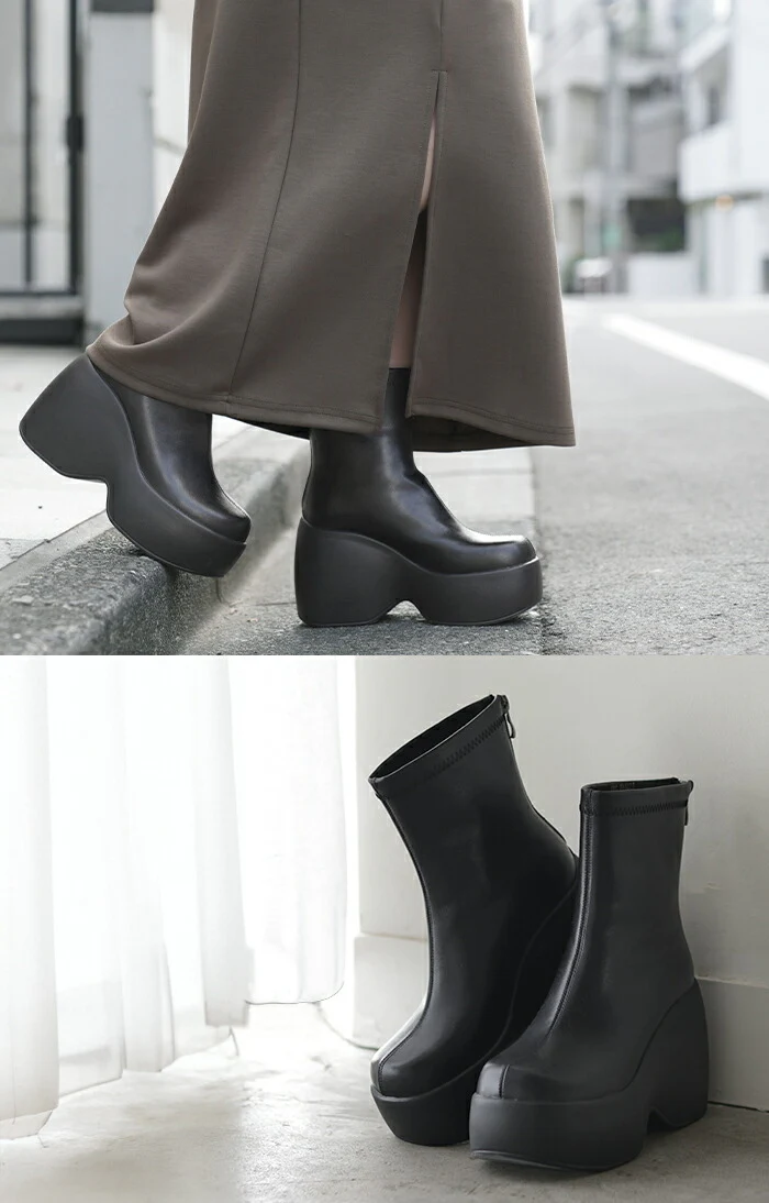23.0cm ～ 25.0cm “ 大きいサイズ有” ブーツ ソックスブーツ 10センチヒール レディース 靴 厚底ブーツ 厚底 シューズ 歩きやすい 軽量 ブラック カジュアル ボリュームソール トラックソール トラックソールブーツ くつ クツ ごつい 黒 春 夏 HUG.U - Image 13