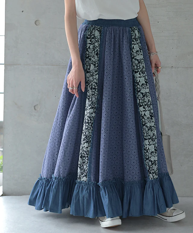 【夏セール】 スカート ロングスカート ロング マキシスカートマキシ 花柄 フリルスカート 体型カバー デニムスカート レーススカート レース フレア フレアスカート ウエストゴム レディース デニム デニムスカート レトロ 大きいサイズ 春 夏 x237 HUG.U - Image 5