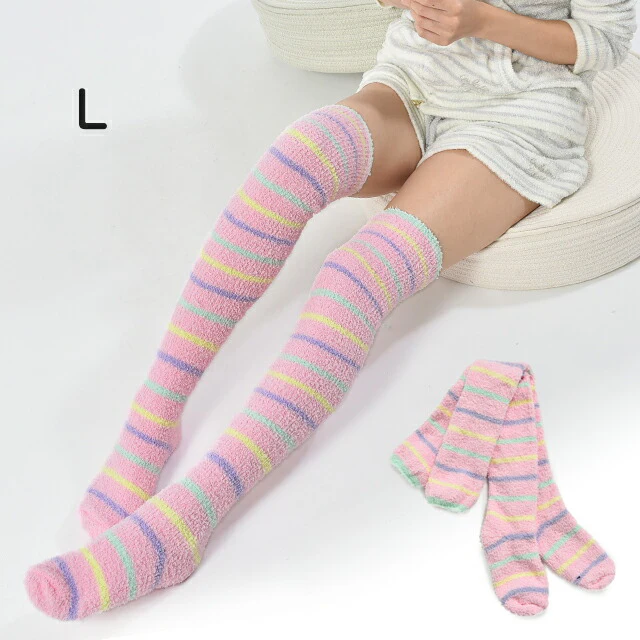ルームソックス 靴下 もこもこ ふわふわ ソックス ニーハイソックス サイハイ ロング ロングソックス ボーダー レディース 春 かわいい 無地 カラフル マルチボーダー x368 防寒ソックス 冷えとり靴下 冷房対策 冷え対策 温活 足冷え対策 夏 春 HUG.U - Image 24
