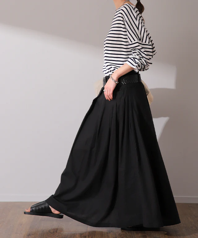 スカート ロングスカート Aラインスカート ■一部7月中旬入荷 タックスカート ストライプ ウエストゴム ゴム 大きいサイズ 体型カバー フレアスカート ボトムス フレア ロング マキシスカート マキシ Aライン 春 夏 ベイカー 黒 ベージュ HUG.U - Image 27