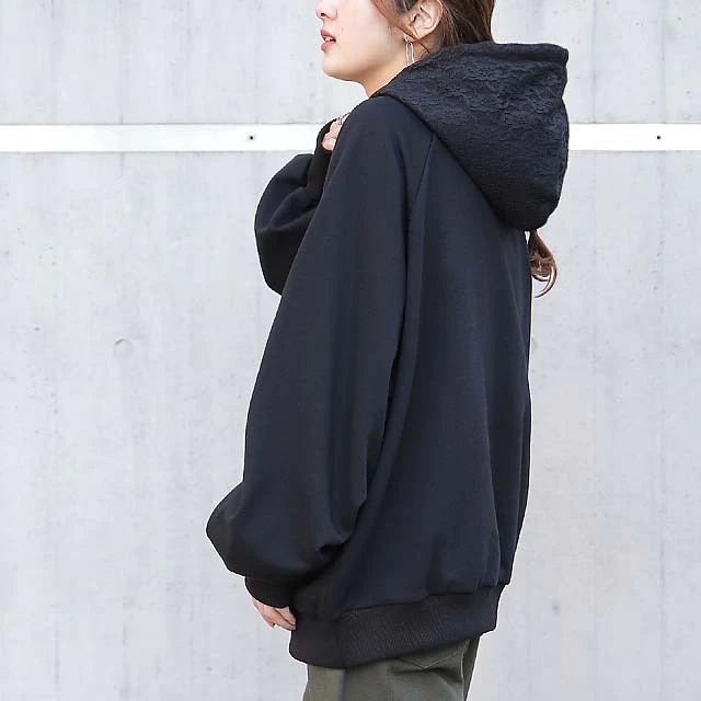 パーカー ロングパーカー レース ドルマンスリーブ スウェット レースパーカー 花柄 プルオーバー レディース トレーナー フーディ 大きめ 大きいサイズ ビックサイズ ラグランスリーブ トップス ドルマン オーバー フード 無地 グレー 黒 春 夏 - Image 28