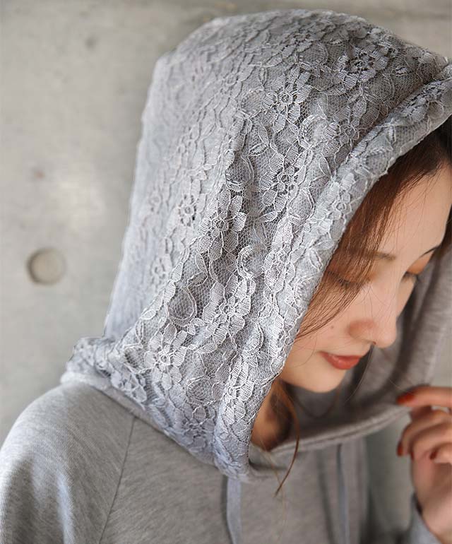 パーカー ロングパーカー レース ドルマンスリーブ スウェット レースパーカー 花柄 プルオーバー レディース トレーナー フーディ 大きめ 大きいサイズ ビックサイズ ラグランスリーブ トップス ドルマン オーバー フード 無地 グレー 黒 春 夏 - Image 7