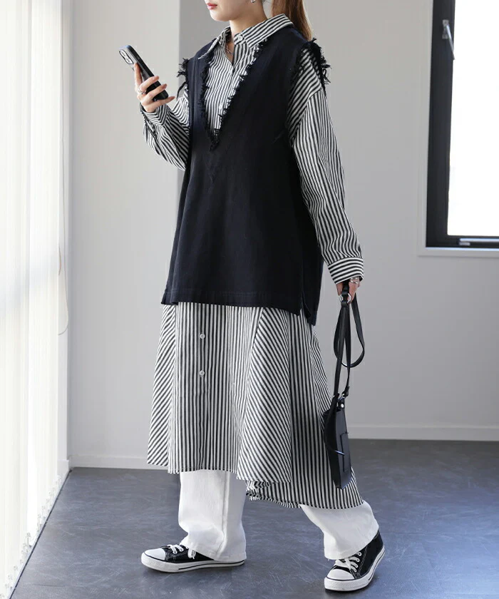 ワンピース ロングワンピース マキシ丈 ストライプ シャツワンピース シャツワンピ シャツ 抜き襟 アシンメトリー ロング 長袖 大きいサイズ ドロップショルダー 黒 春 夏 マタ二ティ マタニティワンピース HUG.U メール便 - Image 16