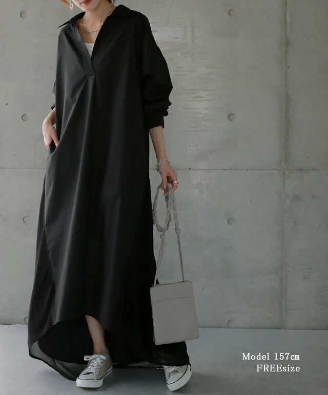 ワンピース ロングワンピース マキシ丈 マキシワンピース アシンメトリー シャツワンピース シャツ 無地 抜き襟 ロングワンピ シフォン 長袖 大きいサイズ ワンピ ベージュ 黒 春 夏 マタ二ティ シアー 透け感 シアー感 HUG.U . メール便 - Image 18
