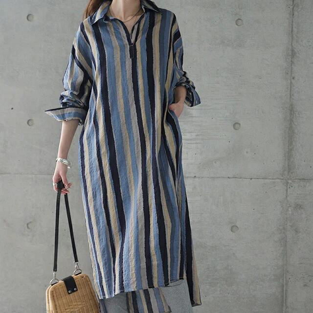 シャツワンピース ワンピース レディース シャツ ロングシャツ ロングシャツワンピース ワンピ ストライプ スキッパーシャツ 長袖 体型カバー ロング 大きいサイズ マキシワンピース マキシ 2L 3L マタニティ 春 夏 HUG.U メール便 - Image 22