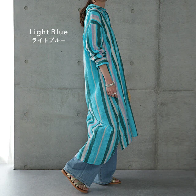 シャツワンピース ワンピース レディース シャツ ロングシャツ ロングシャツワンピース ワンピ ストライプ スキッパーシャツ 長袖 体型カバー ロング 大きいサイズ マキシワンピース マキシ 2L 3L マタニティ 春 夏 HUG.U メール便 - Image 9
