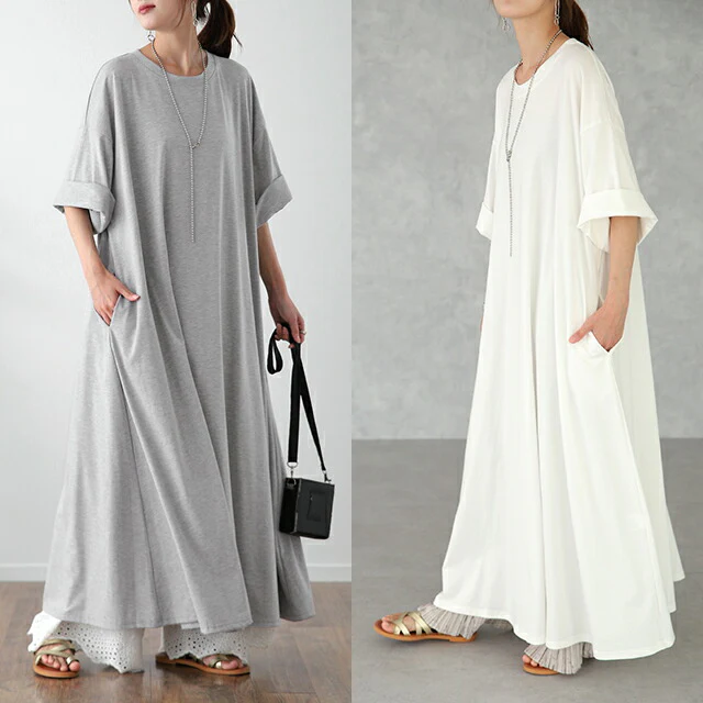 【夏セール】 ワンピース マキシワンピ マキシ Tシャツワンピース ロングワンピース ロングワンピ ロング ビッグ 7分袖 ドロップショルダー ワンピ カットソー きれいめ 体型カバー 大きいサイズ 黒 白 グレー 春 夏 マタ二ティ マタニティワンピース HUG.U - Image 20