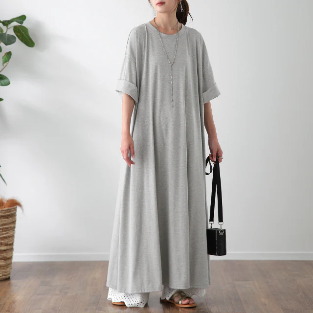 【夏セール】 ワンピース マキシワンピ マキシ Tシャツワンピース ロングワンピース ロングワンピ ロング ビッグ 7分袖 ドロップショルダー ワンピ カットソー きれいめ 体型カバー 大きいサイズ 黒 白 グレー 春 夏 マタ二ティ マタニティワンピース HUG.U - Image 27