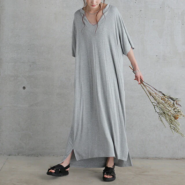 【夏セール】 ワンピース マキシ丈ワンピース マキシワンピ ロングワンピース ロング 半袖 スキッパー ルームウエア カットソー リゾート 体型カバー ビッグシルエット 大きいサイズ 黒 白 夏 春 マタ二ティ HUG.U メール便 - Image 14