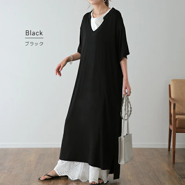 【夏セール】 ワンピース マキシ丈ワンピース マキシワンピ ロングワンピース ロング 半袖 スキッパー ルームウエア カットソー リゾート 体型カバー ビッグシルエット 大きいサイズ 黒 白 夏 春 マタ二ティ HUG.U メール便 - Image 2