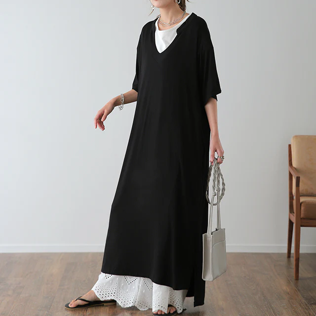 【夏セール】 ワンピース マキシ丈ワンピース マキシワンピ ロングワンピース ロング 半袖 スキッパー ルームウエア カットソー リゾート 体型カバー ビッグシルエット 大きいサイズ 黒 白 夏 春 マタ二ティ HUG.U メール便 - Image 20