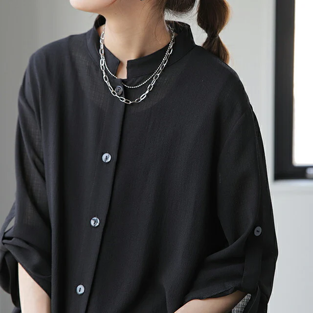 シアーシャツ カーディガン ロングシャツ ロングカーディガン ロング シャツワンピース シフォンワンピース シフォン レディース カーデ シアー 透け感 透け シースルー 大きいサイズ 七分袖 黒 長袖 夏 春 HUG.U メール便 - Image 6