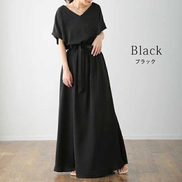【夏セール】 ワンピース マキシ丈ワンピース マキシワンピース ロングワンピース レディース マキシワンピ マキシ ロングワンピ 半袖 ワンピ 体型カバー 無地 シンプル フレンチスリーブ きれいめ ウエストマーク 黒 グリーン 大きいサイズ 春 夏 - Image 14