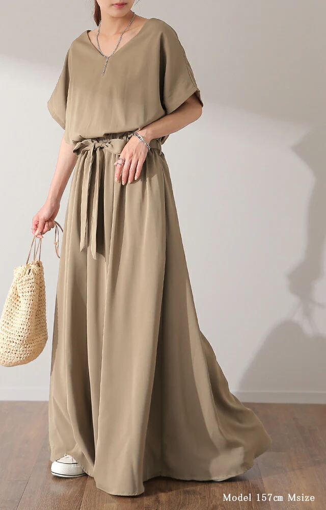 【夏セール】 ワンピース マキシ丈ワンピース マキシワンピース ロングワンピース レディース マキシワンピ マキシ ロングワンピ 半袖 ワンピ 体型カバー 無地 シンプル フレンチスリーブ きれいめ ウエストマーク 黒 グリーン 大きいサイズ 春 夏 - Image 28
