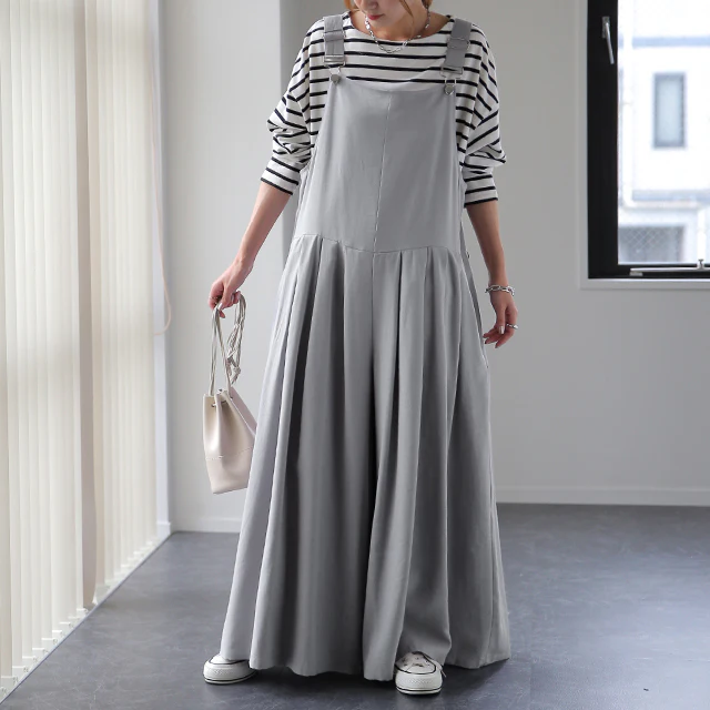 オールインワン レディース サロペット 体型カバー シンプル 無地 ナチュラルカラー 大きいサイズ フリーサイズ サロペ コンビネゾン つなぎ ワイドパンツ ワイド セレカジ パンツ きれいめ ブラック カーキ グレー ブルー 春 夏 HUG.U - Image 29