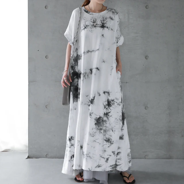 ワンピース ロングワンピース マキシワンピース ■一部7月上旬入荷 レディース マキシワンピ ロングワンピ マキシ ロング タイダイ柄 絞り染め ロング丈 Aラインワンピース Aライン フレア スリット 大きいサイズ 体型カバー 半袖 ワンピ 春 夏 HUG.U - Image 26