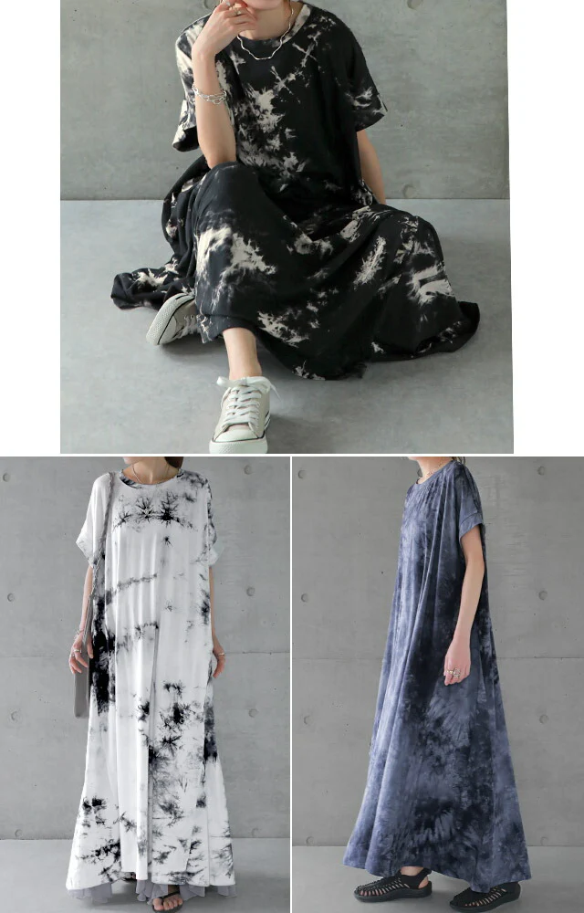 ワンピース ロングワンピース マキシワンピース ■一部7月上旬入荷 レディース マキシワンピ ロングワンピ マキシ ロング タイダイ柄 絞り染め ロング丈 Aラインワンピース Aライン フレア スリット 大きいサイズ 体型カバー 半袖 ワンピ 春 夏 HUG.U - Image 7