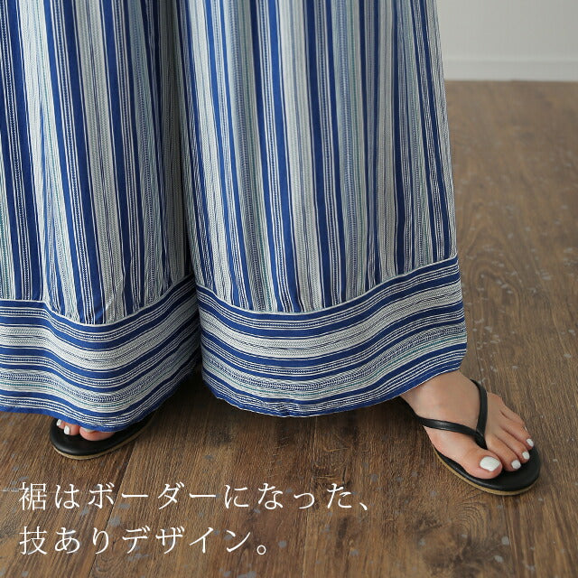 ワイドパンツ レディース ワイド ボトムス フレア フレアパンツ ストライプパンツ ストライプ ズボン きれいめ ガウチョ ロング ウエストゴム ゴム Aライン 太め 大きいサイズ ブラウン 黒 青 春 夏 HUG.U メール便 - Image 4